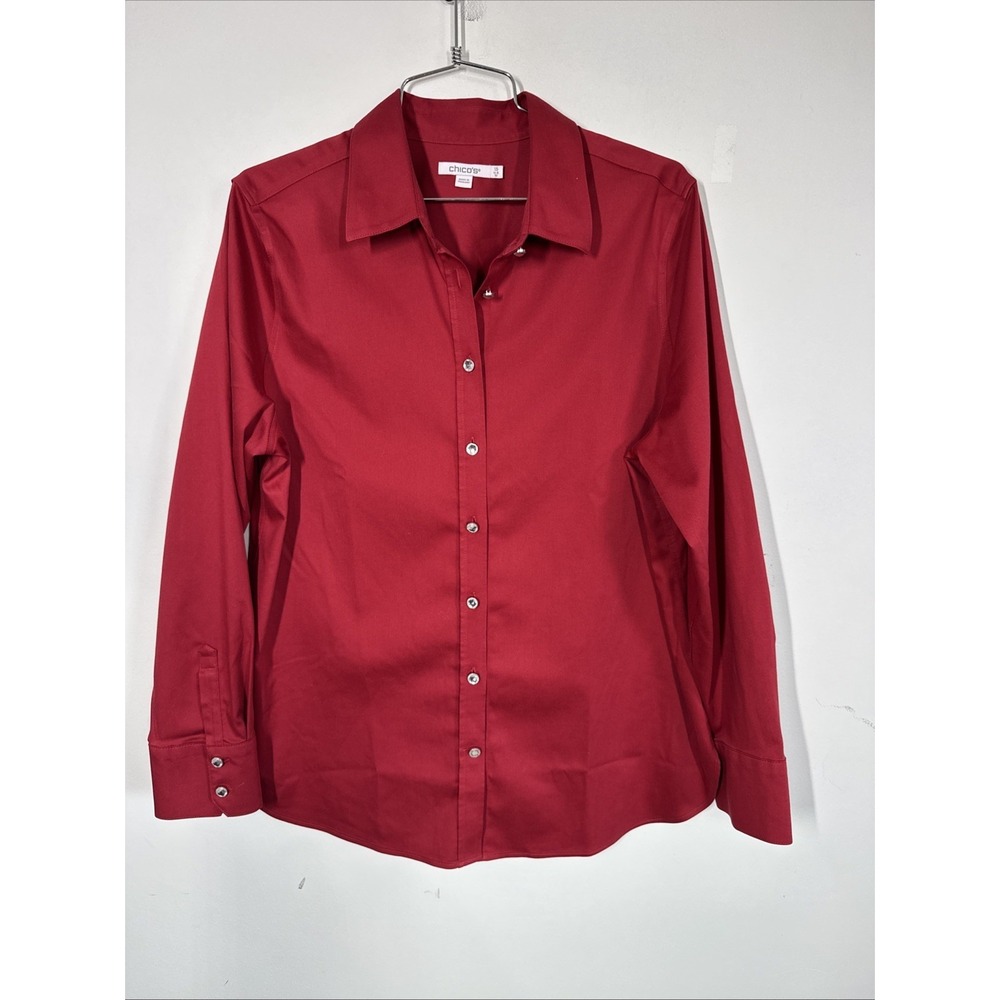 Chicos Red Long Sleeve Button Up Blouse Jewel Buttons Women's 1.5 Or 10 Stretchy